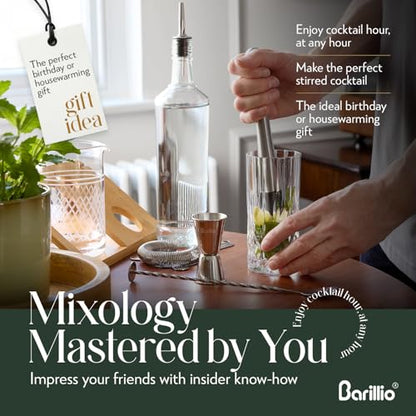 Barillio 20 Oz Crystal Cocktail Mixing Glass with Bamboo Stand & Bar Tools | Seamless Lead-Free Crystal, Weighted Base Stirring Pitcher | Including Muddler, Mixing Spoon, Jigger and Strainer - size: 7-Piece Set (20 oz)