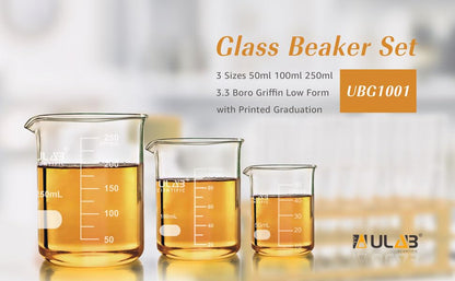 ULAB Scientific Glass Beaker Set, 3 Sizes 50ml 100ml 250ml, 3.3 Boro Griffin Low Form with Printed Graduation, UBG1001 - style: Low form 3 Sizes: 50ml 100ml 250ml