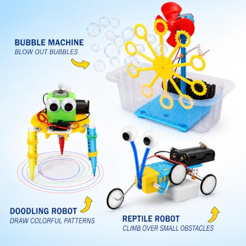 NewFamily 6-in-1 STEM Robot Building Kit, DIY Science & Engineering Project Set with Reptile Robot, Balance Car, Bubble Machine, Fiber Optic Lamp and Buzzer Wire Game