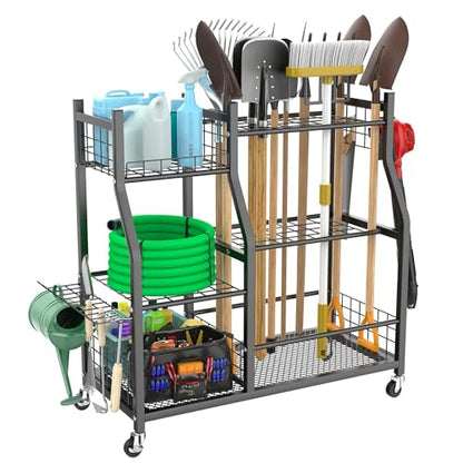 WALMANN Garden Tool Organizer with Wheels, Rakes/Shovels/Yard Tools Stand - size: 36.25 inch L
