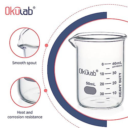 Heavy Duty Glass Beaker Set, Thick-Walled 3.3 Borosilicate Glass Beakers, with Double Scale Printed Graduation, 5pcs of Vol.50ml, HBKG50A5 - style: 5pcs of 50ml