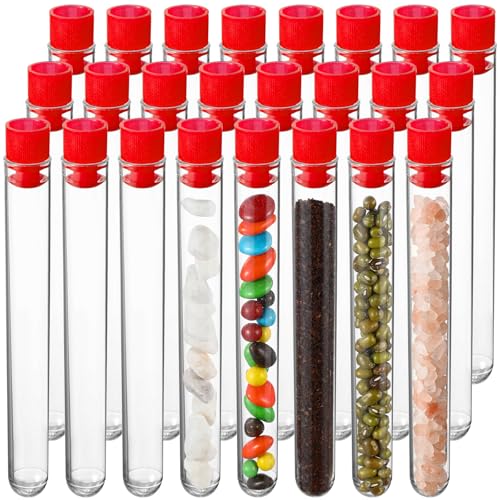 24 Pake 8 ml Clear Test Tubes with Caps 12x100mm Plastic Vials Test Tubes for Scientific Experiments Halloween Christmas Scientific Themed Birthday Party Supplies Candy Storage (Red) - color: Red