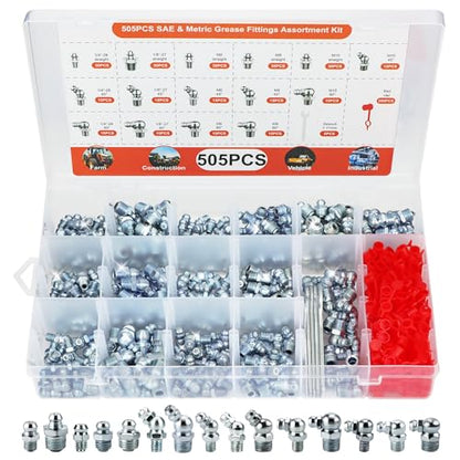 505 PCS Grease Fittings Kit, Metric & SAE Hydraulic Zerk Assortment 1/4" 1/8" M6 M8 M10 with Straight, 45 & 90 Degree Elbows, Zinc Plated Steel