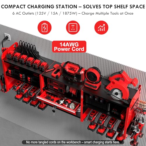 KSVO Large Power Tool Organizer Wall Mount with Locking Drawers, Red - color: Red