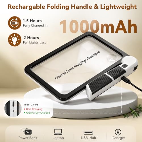 Magnifying Glass for Reading: 5X10X Rechargeable Large Light Book Magnifier