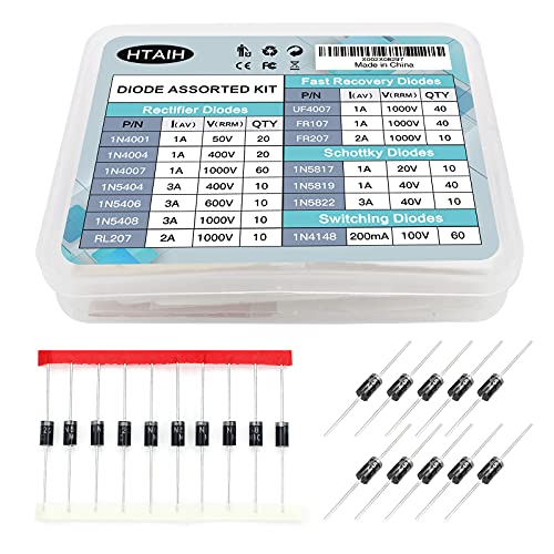 Diodes Assortment Kit: Pack of 350pcs 14 Values, Rectifier Schottky, Fast Recovery, Switching Diode (1N4001 1N4004 1N4007 1N5404 1N5406 1N5408 RL207 1N5817 1N5819 1N5822 UF4007 FR107 FR207 1N4148)