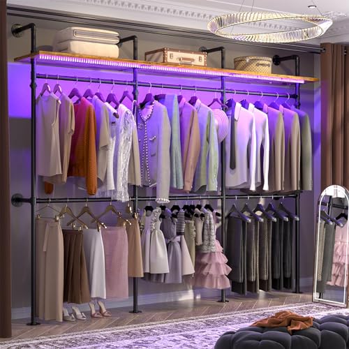Aheaplus Industrial Pipe Clothing Rack, 118.3'' Closet System with RGB LED - color: Rustic Brown, size: III-Large