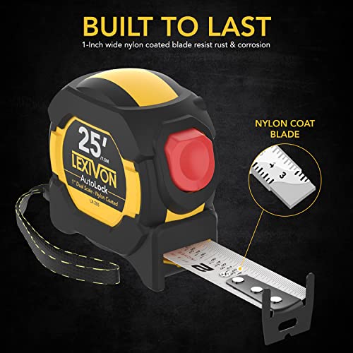 LEXIVON 25Ft/7.5m AutoLock Tape Measure | 1-Inch Wide Blade with Nylon Coating, Matte Finish White & Yellow Dual Sided Rule Print | Ft/Inch/Fractions/Metric (LX-205) - size: 25 ft 1-Pack