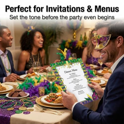 PaperDirect Mardi Gras Affair Border Papers, Party Stationery with Yellow Green Purple Harlequin Diamonds, Mask and Coins, 8.5 x 11, Acid-Free, Ideal for School, Business, Cards, 25 Sheets - color: Mardi Gras Affair