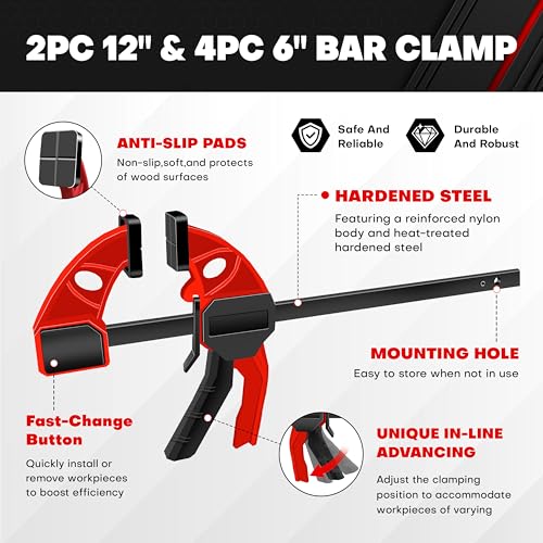 C&T 10Pcs Bar Clamps for Woodworking, 12 & 6 inch Quick Release Clamps Set