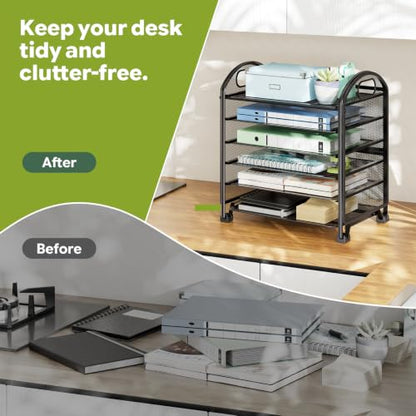 Simple Trending 6 Tier Paper Organizer, Desk Organizer with Handle, Black - size: 13.1" x 8.8" x 14.3"