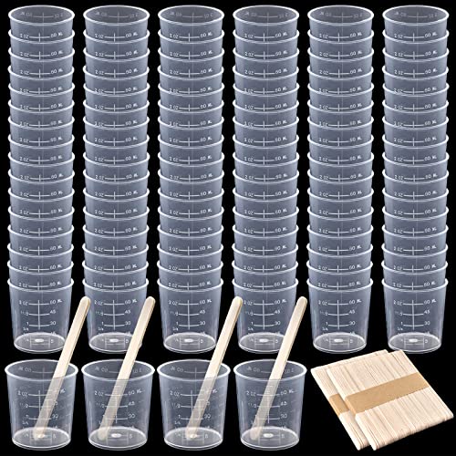 Coopay 100 Pack 60ml/2oz Plastic Graduated Cups Transparent Scale Cups Clear Epoxy Mixing Cylinder with 100 Pack Wooden Stirring Sticks for Resin, Epoxy, Stain, Mixing Paint - size: 60ml