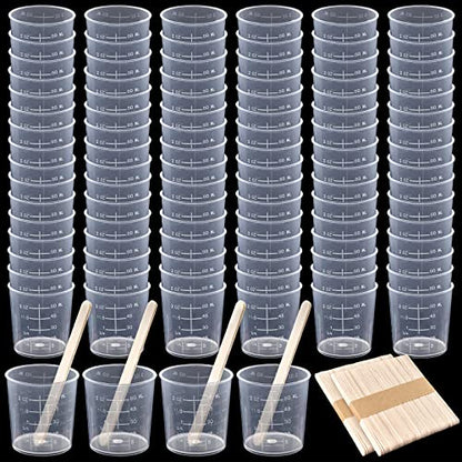 Coopay 100 Pack 60ml/2oz Plastic Graduated Cups Transparent Scale Cups Clear Epoxy Mixing Cylinder with 100 Pack Wooden Stirring Sticks for Resin, Epoxy, Stain, Mixing Paint - size: 60ml
