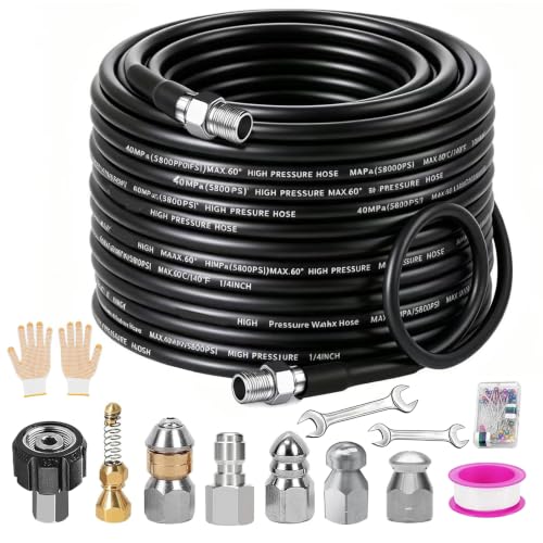 Sewer Jetter Kit for Pressure Washer 70FT, 5800PSI Drain Cleaner Hose 1/4 Inch NPT Corner Rotating and Button Nose Sewer Jetting Nozzle Rotating and Button Nose Sewer Jetting Nozzle (70FT) - size: 70FT