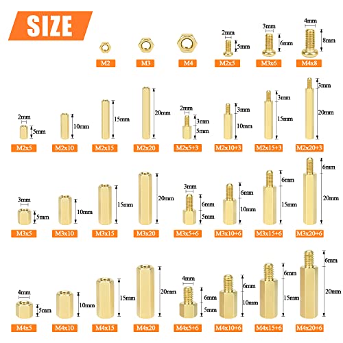 HELIFOUNER 422 Pieces M2 M3 M4 Male Female Hex Brass Spacers Standoffs Screws Nuts Assortment Kit, Threaded Pillar for Printed Circuit Board Motherboard - size: M2 M3 M4 Brass Standoff Set