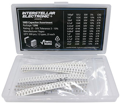 1206 SMD Capacitor Assortment X7R C0G only, 100pf, 1nF, 10nF, 01uF, 0.22uF, 0.47uF, 0.68uF, 1uF, 2.2uF, 4.7uF, 10uF, 22uF, 25V - 50V, 300 pcs