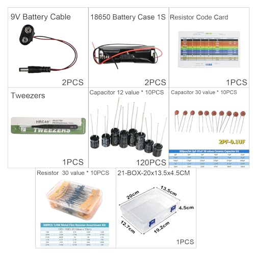 Electronic Component Kit 726Pcs - Metal Film Resistors - Electrolytic Capacitor Package -Ceramic Capacitors - 3.7V Battery Holder Case Box - 9V Battery Connector -with Tweezers-Electronic DIY Project - color: IC009-Kit-726PCS