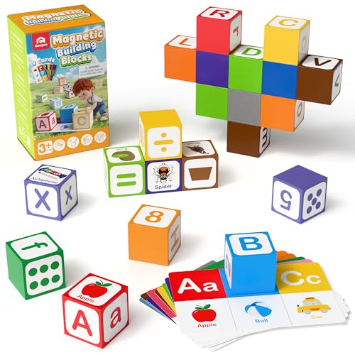 Coogam Magnetic Alphabet Blocks for Learning Numbers, Letters, Shapes, Magnet Construction Game & Building Cube, Educational Stem Montessori Sensory Toy Gift for 3 4 5 Year Old