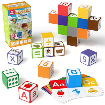 Coogam Magnetic Alphabet Blocks for Learning Numbers, Letters, Shapes, Magnet Construction Game & Building Cube, Educational Stem Montessori Sensory Toy Gift for 3 4 5 Year Old