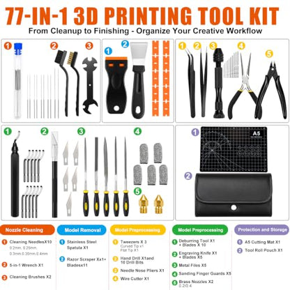 77 PCS 3D Printer Tool Kit with Storage Case,3D Printing Tools Set with Nozzle Cleaning Kit,Deburring Tool,Filament Cutter,Scraper and Accessories for Maintenance,Print Cleaning,Repair and Finishing