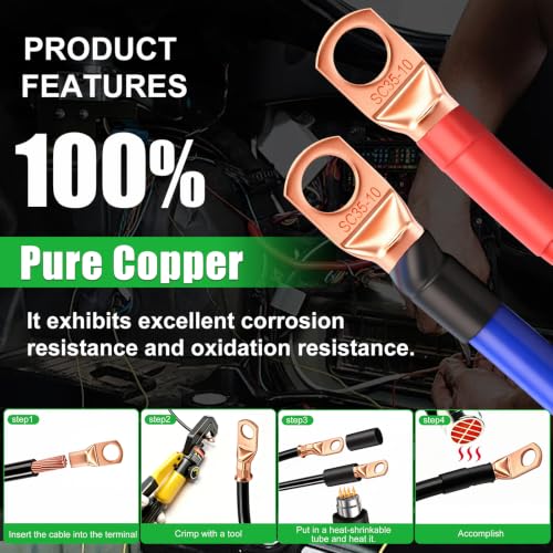Twidec/25PCS AWG 2 Copper Wire Lugs Battery Cable Ends SC35-10,Ring Terminals Connectors,Copper Ring Terminals,Battery Terminals Connectors Kits with Heat Shrink - color: 25PCS