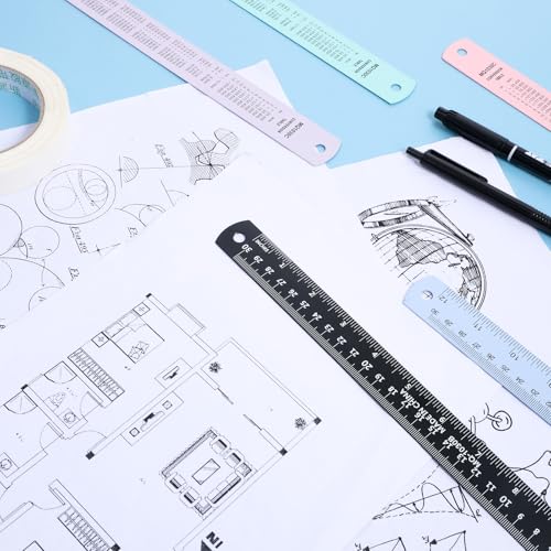5 Pack Metal Ruler 12 Inch, Stainless Steel Ruler Kit with Centimeters, Millimeters, Inches and Conversion Table for Office and School, Easy to Read Metric Rule Set