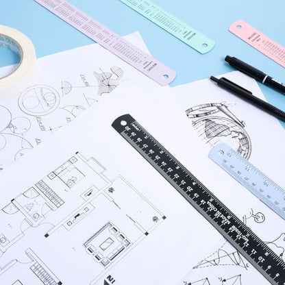 5 Pack Metal Ruler 12 Inch, Stainless Steel Ruler Kit with Centimeters, Millimeters, Inches and Conversion Table for Office and School, Easy to Read Metric Rule Set