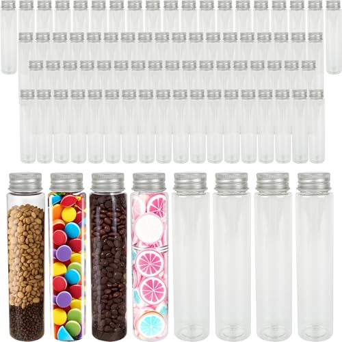 80 Pcs Clear Flat Test Tubes 110ml Plastic Test Tube with Screw Caps Transparent Test Tube for Bath Salt Gumball Candy Storage Science Party