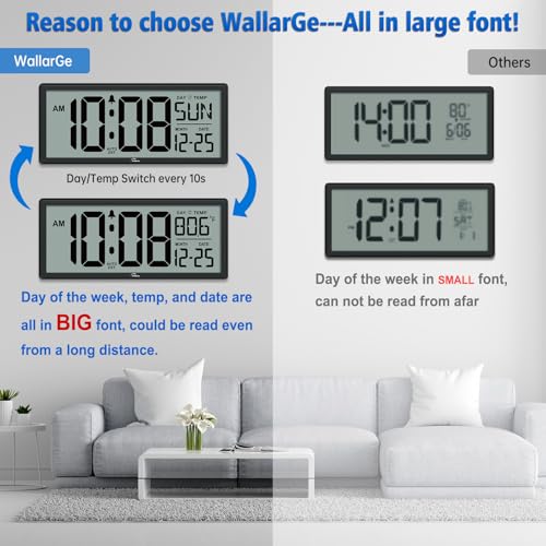 WallarGe 14.5'' Large Digital Wall Clock Battery Operated - color: Black