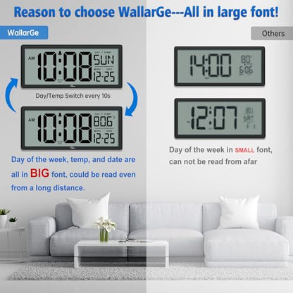 WallarGe 14.5'' Large Digital Wall Clock Battery Operated - color: Black