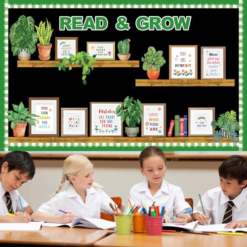 Plant Bookshelf Bulletin Board Set Read and Grow Motivational Greenery Classroom Decor Reading Library Back to School Positive Eucalyptus Potted Paper Cutouts for School Wall Decor Supplies - style: Plant Bookshelf