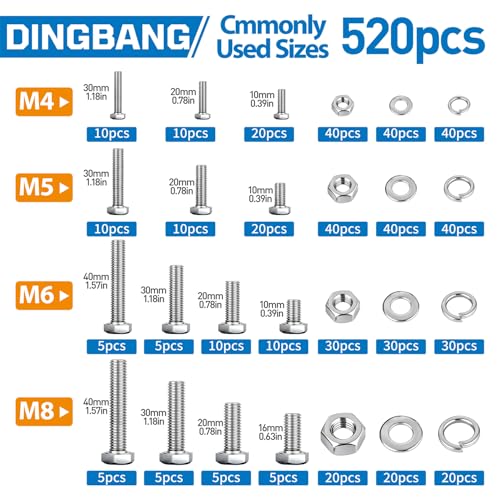 520pcs M4 M5 M6 M8 Hex Bolts and Nuts Assortment Kit, 4 Most Popular Sizes 304 Stainless Steel Assorted Metric Screws, Nuts and Flat & Lock Washers,Length 10-40mm with 4 Screw Driver bits - size: M4 M5 M6 M8