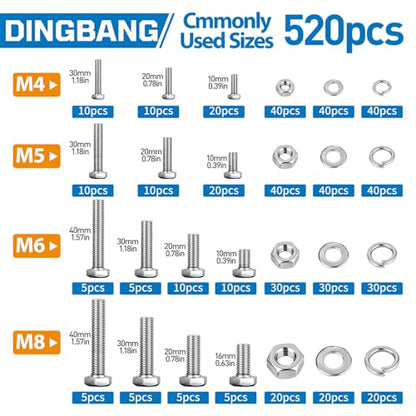 520pcs M4 M5 M6 M8 Hex Bolts and Nuts Assortment Kit, 4 Most Popular Sizes 304 Stainless Steel Assorted Metric Screws, Nuts and Flat & Lock Washers,Length 10-40mm with 4 Screw Driver bits - size: M4 M5 M6 M8