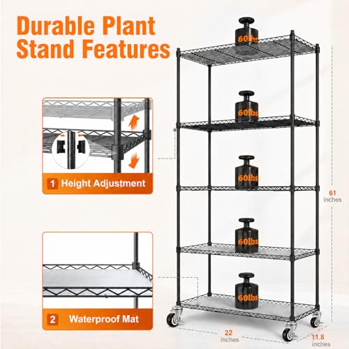 Indoor Greenhouse with Grow Light & 2 Observation Window - 5 Tier Seed Starting Rack, 4 Pack 48W Full Spectrum Grow Lights with Timer, 3 Modes & 7 Dimmable Levels, 22x11.8x61 Inches