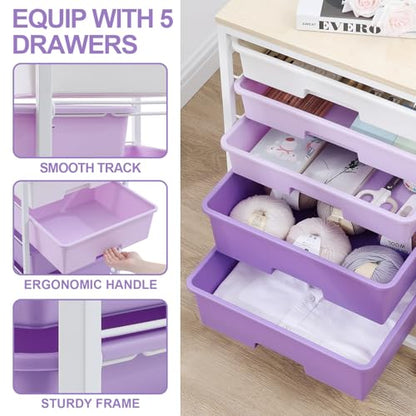 SYKIARIOL Utility Cart with 5 Drawers with Wooden Top,Purple - color: Purple