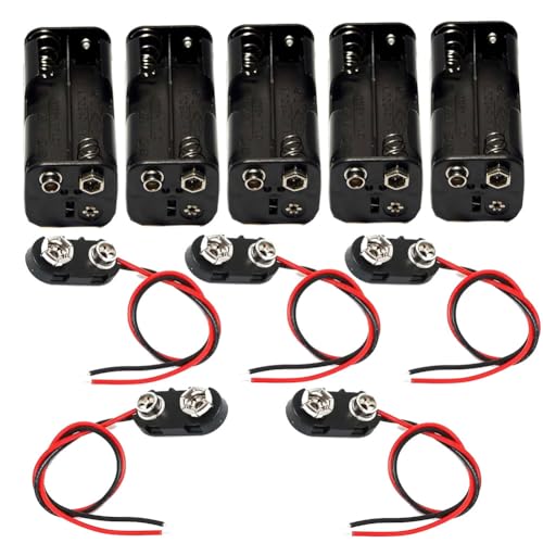 5 Pcs 4 x 1.5V (6V) AA Battery Holder Wire Leads with 5 Pcs I Type 9 Volt Battery Snap Connector Kit - Total 10 PCS - color: Black&Red