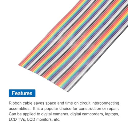MECCANIXITY 1 Pcs 40 Pin Flat Rainbow Ribbon Cable 20 Ft 1.27mm Pitch Breadboard Jumper Wires for Electronic Projects - size: 20 Ft, style: 40P