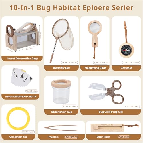 Wooden Bug Catching Kit for Kids - 10 PCS Outdoor Exploration Set with Bug Habitat, Magnifying Glass, Bug Container &Other Adventure Kit —STEM Educational Toy for Boys & Girls Ages 4-8