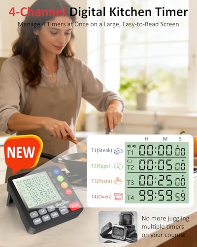 Digital Kitchen Timer with 4 Channel, Loud Alarm and Silent Mode - color: Black