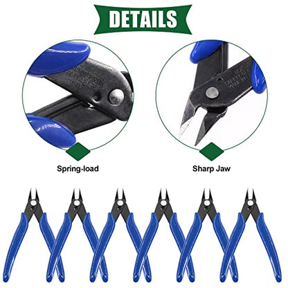 Keadic 6Pcs 5" Wire Cutters with Internal Spring and Soft Rubber Handle, Mini Flush Cutters, Micro Cutting Pliers Wire Nippers, Small Side Cutters for Hobby Modeling Jewelry Electronic Crafts (Blue)