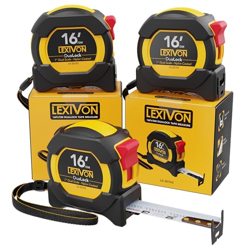 LEXIVON [3-Pack] 16Ft/5m DuaLock Tape Measure | 1-Inch Wide Blade with Nylon Coating, Matte Finish White & Yellow Dual Sided Rule Print | Ft/Inch/Fractions/Metric (LX-207X3) - size: 16 ft / 5 m (pack of 3)