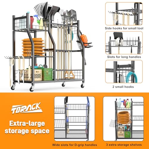 TORACK Garden Tool Organizer with Wheels, Rakes Shovels Yard Tools Stand - style: Tool Stand with Extra Shelves