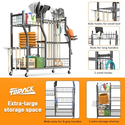 TORACK Garden Tool Organizer with Wheels, Rakes Shovels Yard Tools Stand - style: Tool Stand with Extra Shelves