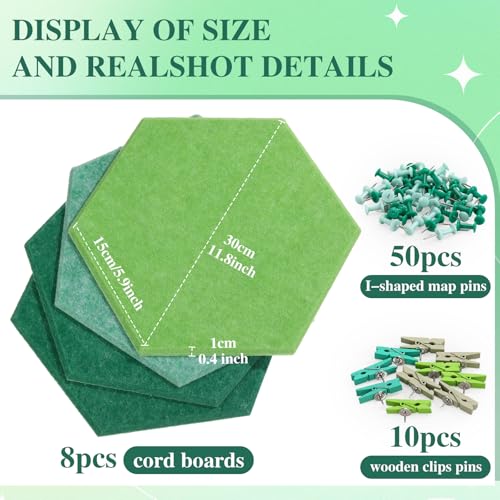 Mooliwe 8 Pcs 12 Inch Hexagon Cork Board Tiles Pins Clips, Green - color: Green