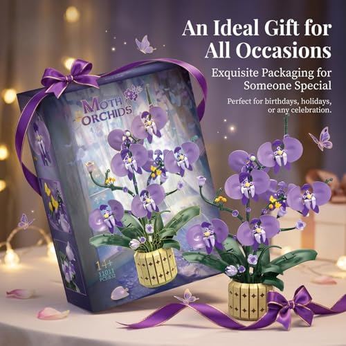 Botanicals Orchid Kit for Adults – 832Pcs Purple Charm Phalaenopsis Toy Building Blocks, Artificial Flower Bouquet with Pot, Lifelike Plant Decor for Home Office, Unique Gifts for Girls, Mom, Wife