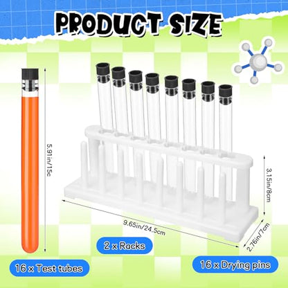 2 Sets Test Tubes with Rack, 16 Pcs Clear Plastic Test Tubes with Caps and 2 Pcs 8 Holes Holder Rack with 8 Drying Pins Stand for Scientific Experiment Nurse Party Favors
