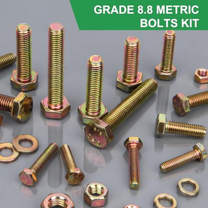 FOLIV 907pcs Grade 8.8 Metric Bolt Assortment, M4 M5 M6 M8 Heavy Duty Bolts and Nuts Kit, Yellow Zinc Plated, Length from 12-30mm - size: 907PCS M4 M5 M6 M8