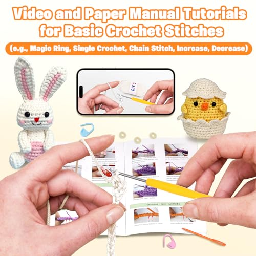 wokdsbl Crochet Kit for Beginners with Upgraded Premium Custom Yarn and Step-by-Step Video Tutorials, Ideal DIY Craft Gift, Crochet Animal Kits for Easter Egg Fillers (Bunny & Chick)