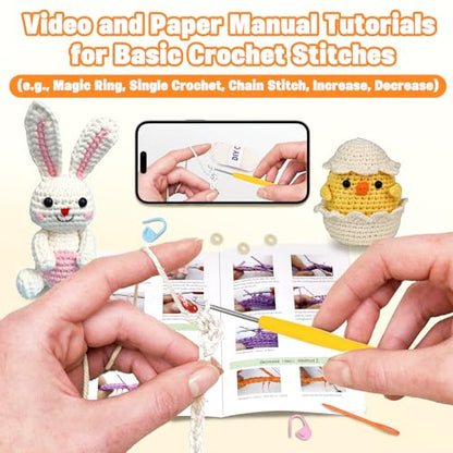 wokdsbl Crochet Kit for Beginners with Upgraded Premium Custom Yarn and Step-by-Step Video Tutorials, Ideal DIY Craft Gift, Crochet Animal Kits for Easter Egg Fillers (Bunny & Chick)