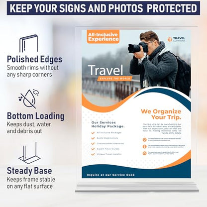 Acrylic Sign Holder 8.5 x 11, T-Shape Tabletop Display Stand, Double-Sided Bottom Load Portrait Frame, Menu and Ad Holder for Restaurants, Promotions, Photos, or Classrooms, Durable Design (3 Pack)